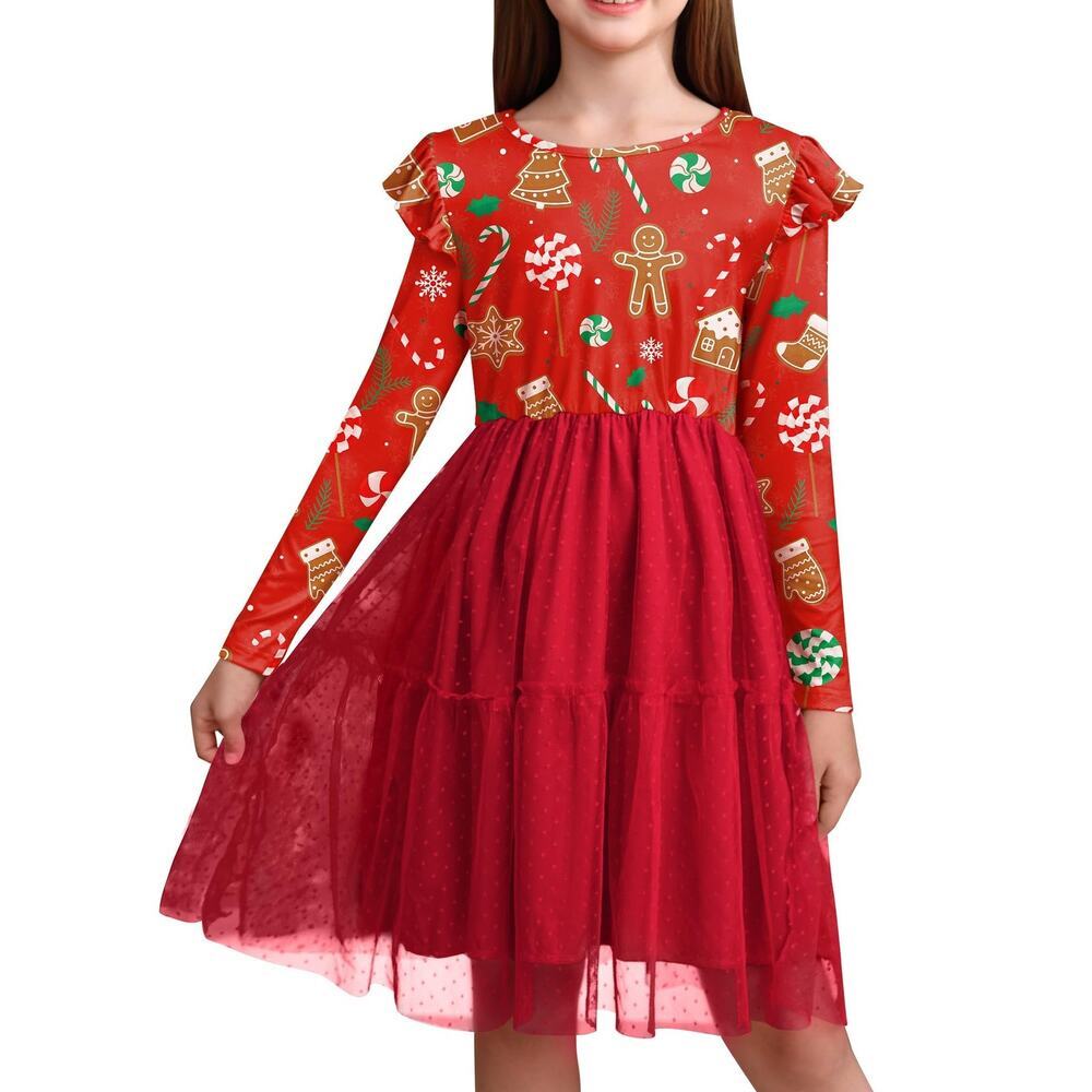 Girls Sz 2T Christmas Dress Holiday Party Gingerbread Man Long Sleeve Red Tulle